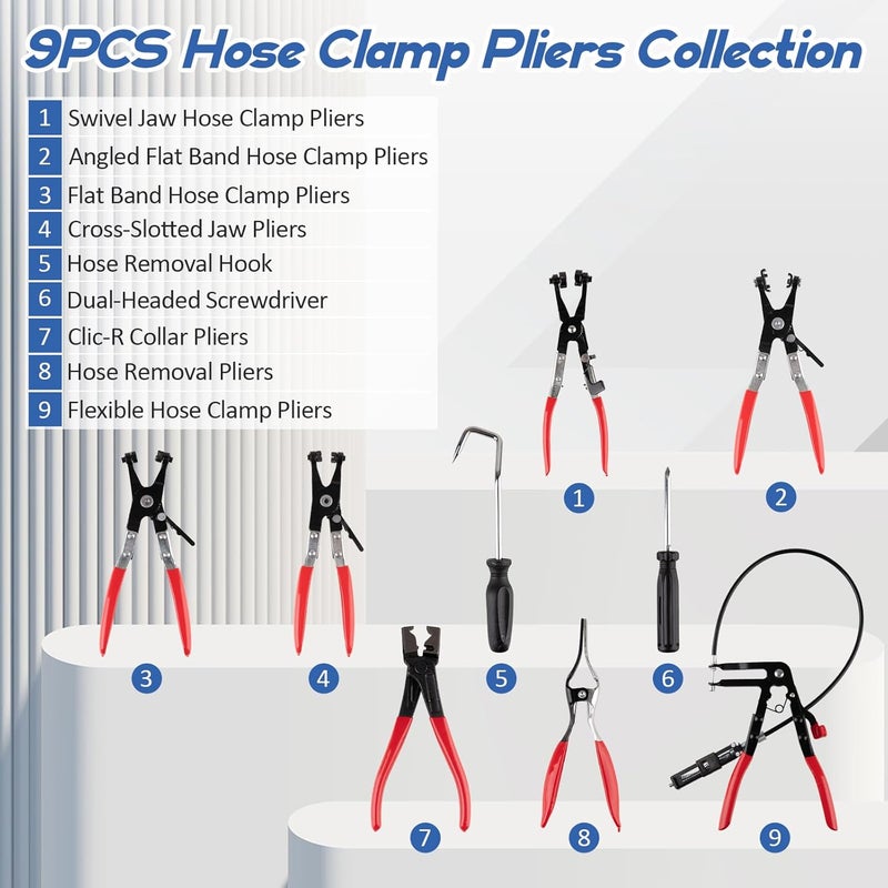 ppkbbeb 9PCS Hose Clamp Pliers Set, Hose Clamp Removal Tool for Automotive, Flexible Removing Clamps Pliers Automotive for Coolant Radiator Heater and Water Hose - Image 2